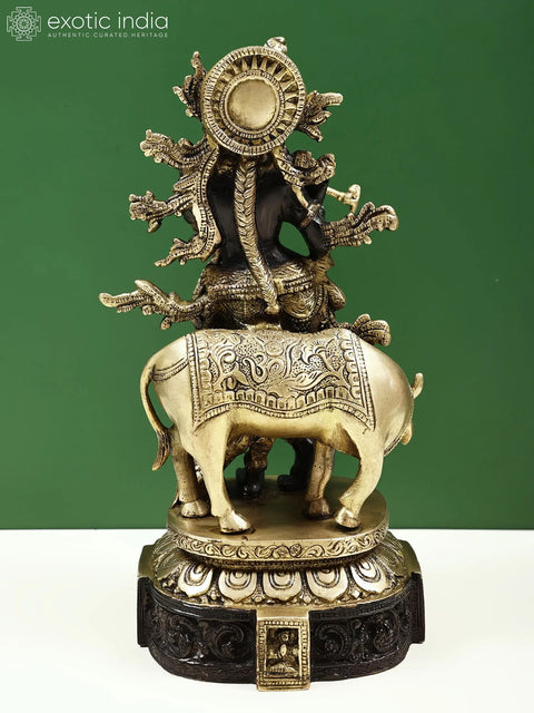 12" Venugopala Brass Statue | Fluting Krishna Idol with His Cow | Made in India
