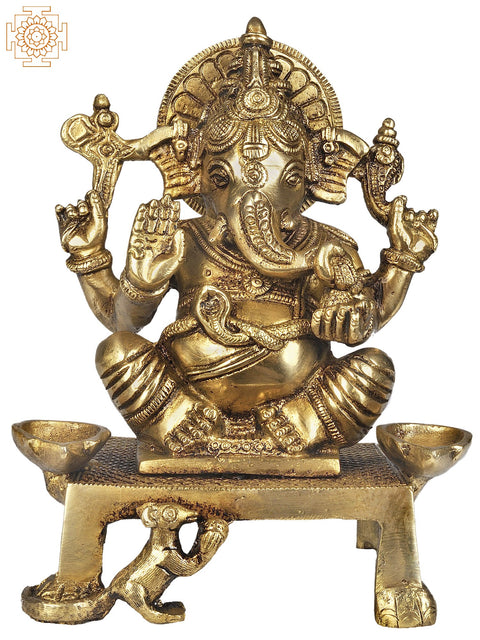 7" Shri Ganesha with Two Lamps (Altar Piece) In Brass | Handmade | Made In India