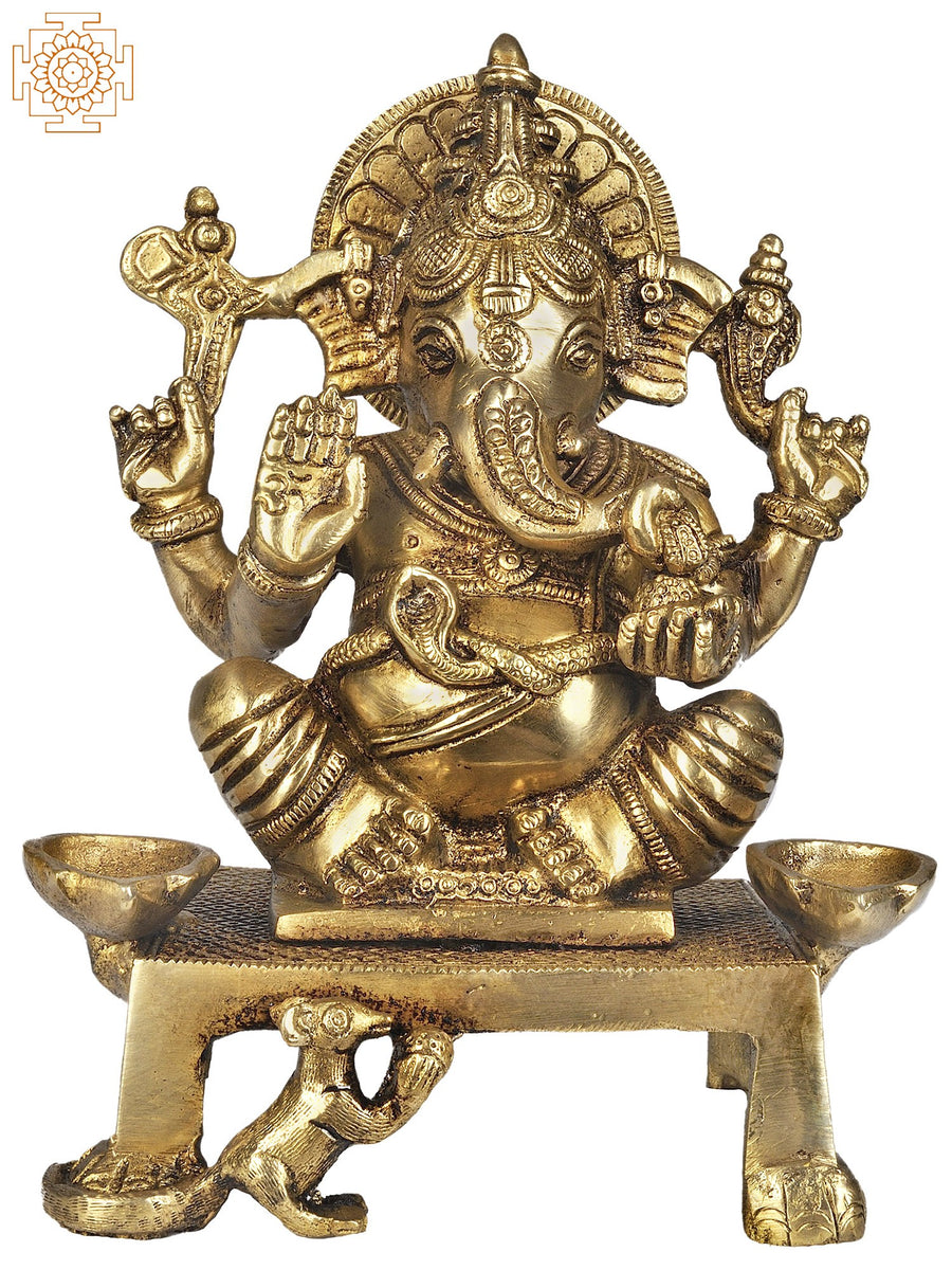7" Brass Ganesha Idol with Two Oil Lamps for Pooja
