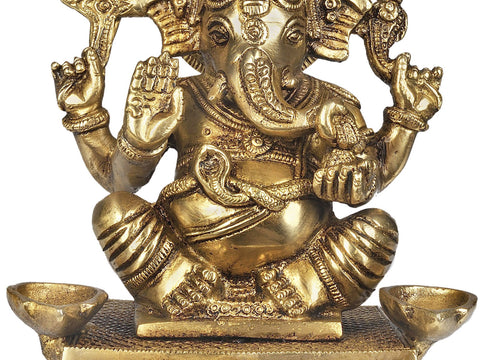 7" Shri Ganesha with Two Lamps (Altar Piece) In Brass | Handmade | Made In India