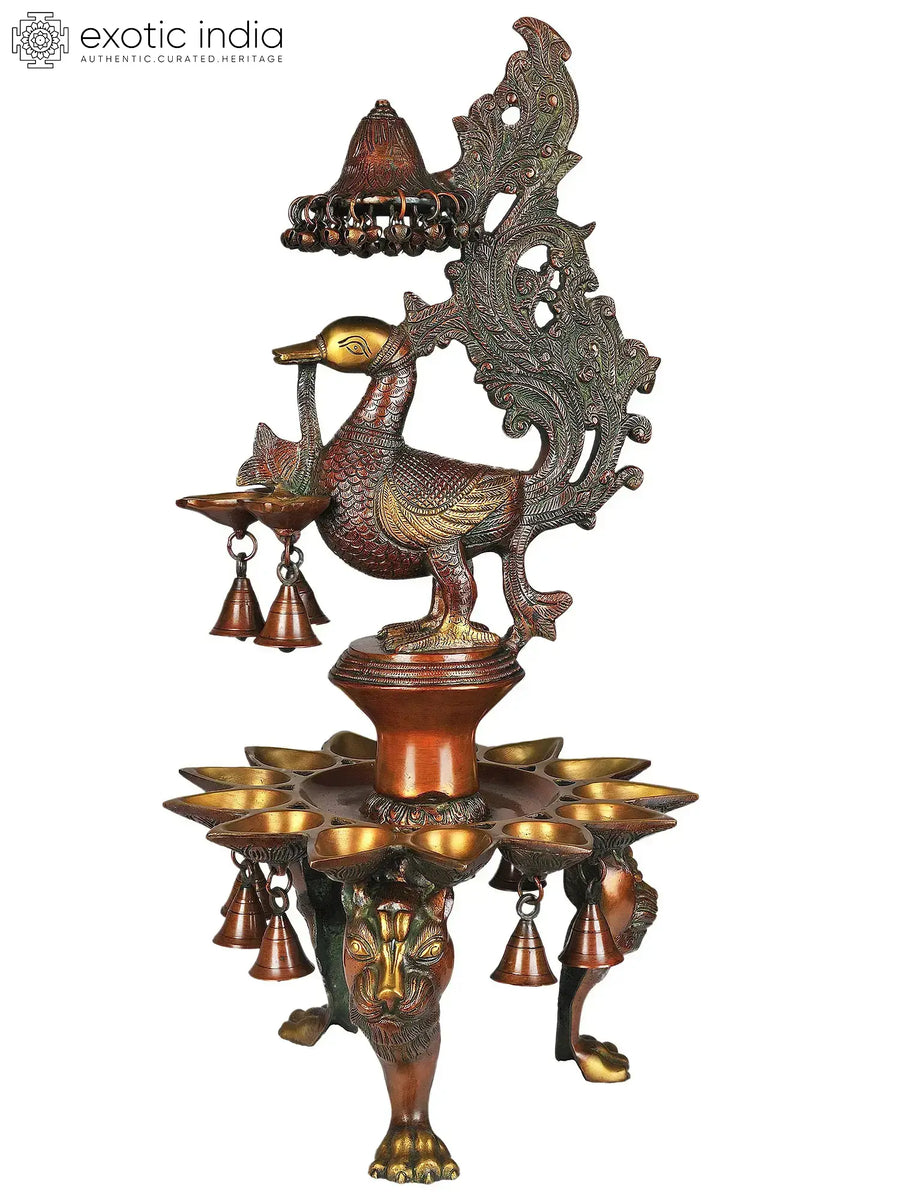 25" Brass Peacock Lamp with Bells and Ghungroos Handmade