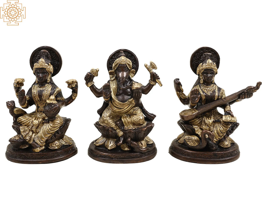 5" Lakshmi Ganesha Saraswati Brass Statue Set Handmade