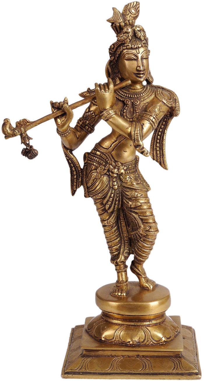 12" Handmade Brass Lord Krishna Playing Flute Statue