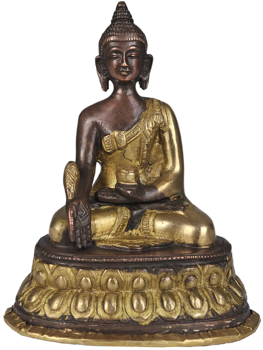 5" Medicine Buddha Handmade Brass Statue with Golden Hues