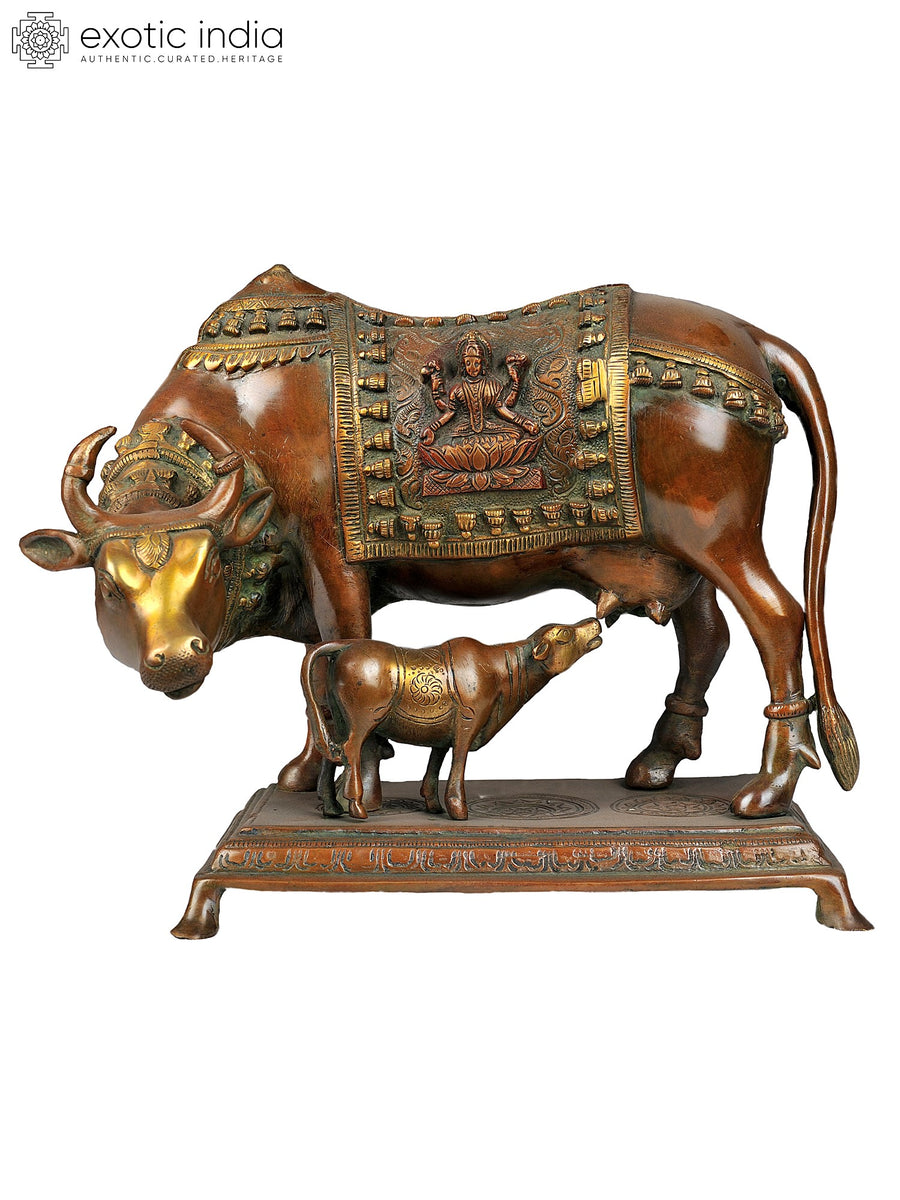 11" Brass Cow and Calf Statue with Goddess Lakshmi Saddle Decor