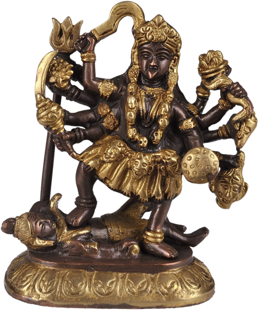 6" Goddess Kali Handmade Brass Idol with Golden Brown Finish