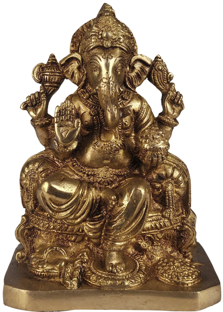 6" Handmade Lord Ganesha Brass Statue Granting Abhaya Blessing