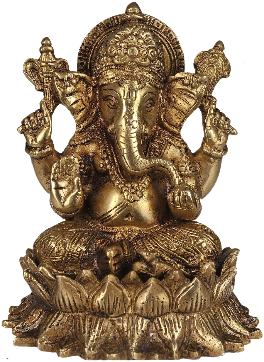 5" Handmade Brass Ganesha Idol on Lotus Seat with Modak