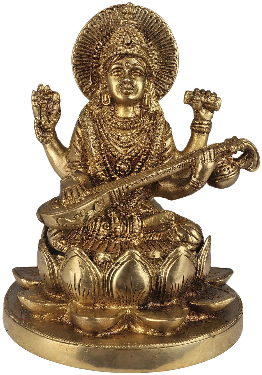 5" Four-Armed Goddess Saraswati Brass Idol Seated on Lotus