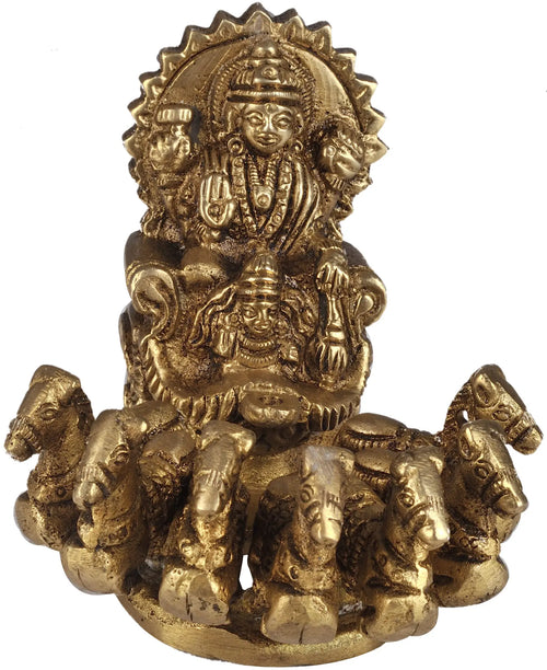 3" Lord Surya Seven Horse Chariot Brass Statue Handmade