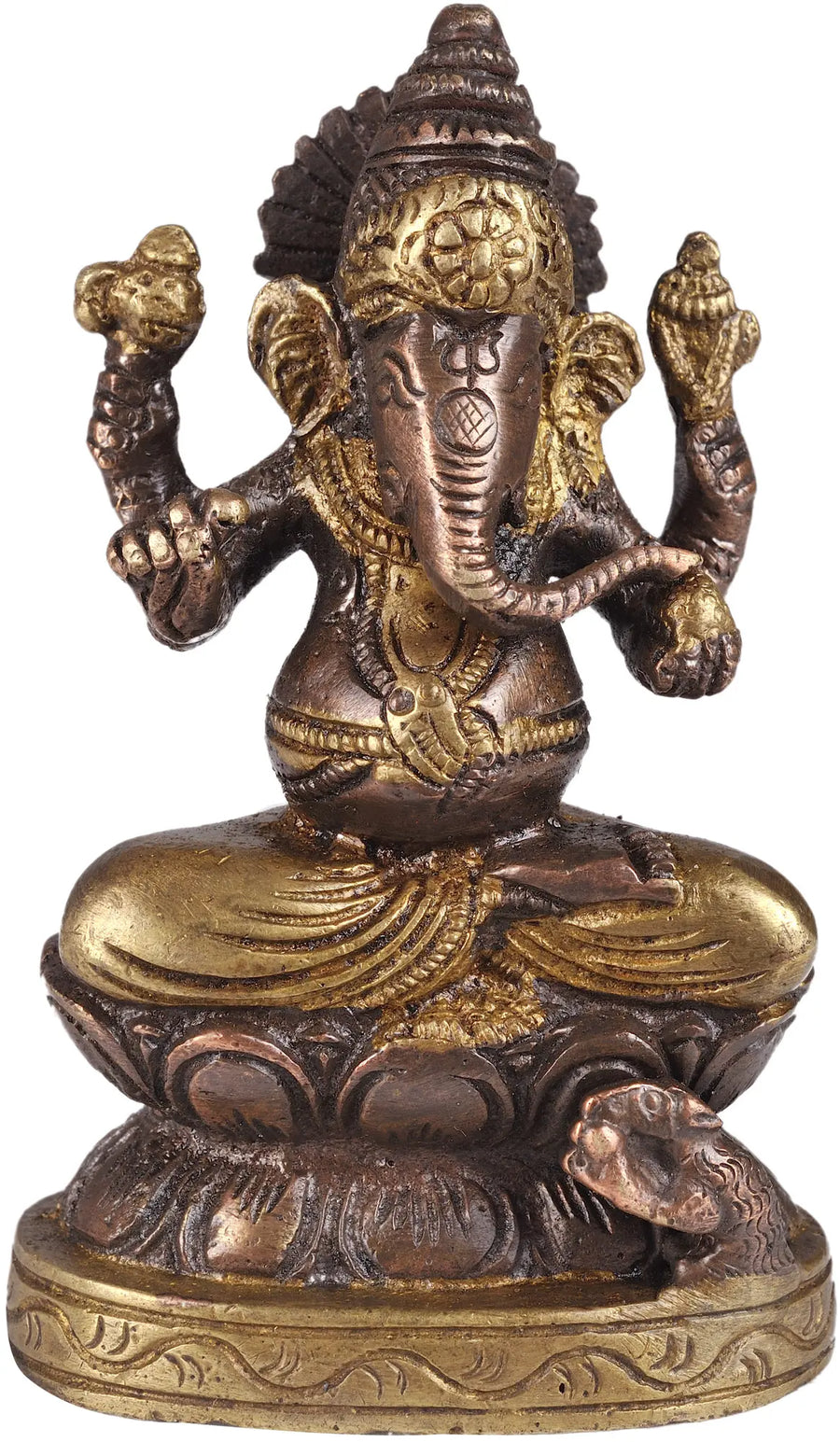 3" Four-Armed Seated Ganesha Brass Idol Handmade