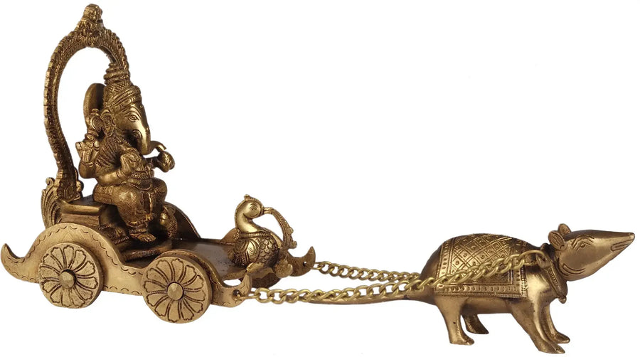 6" Brass Lord Ganesha Statue on Rat Chariot Handmade
