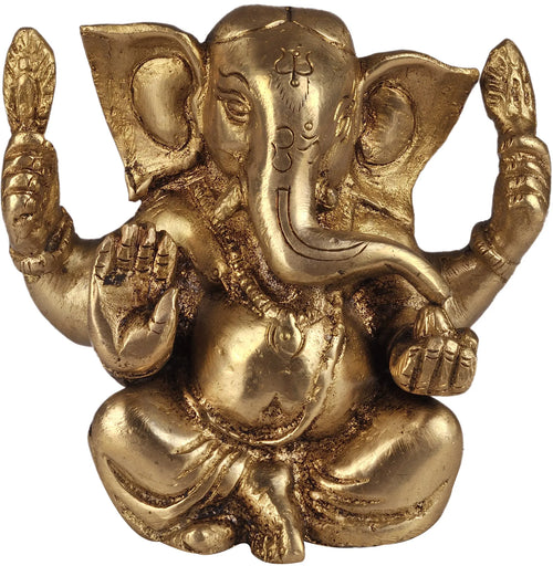 4" Brass Baby Ganesha Idol with Modak Handmade Statue