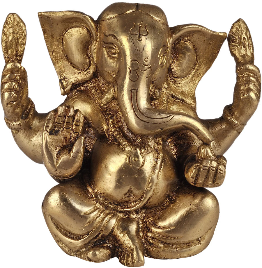 4" Brass Baby Ganesha Idol with Modak Handmade Statue