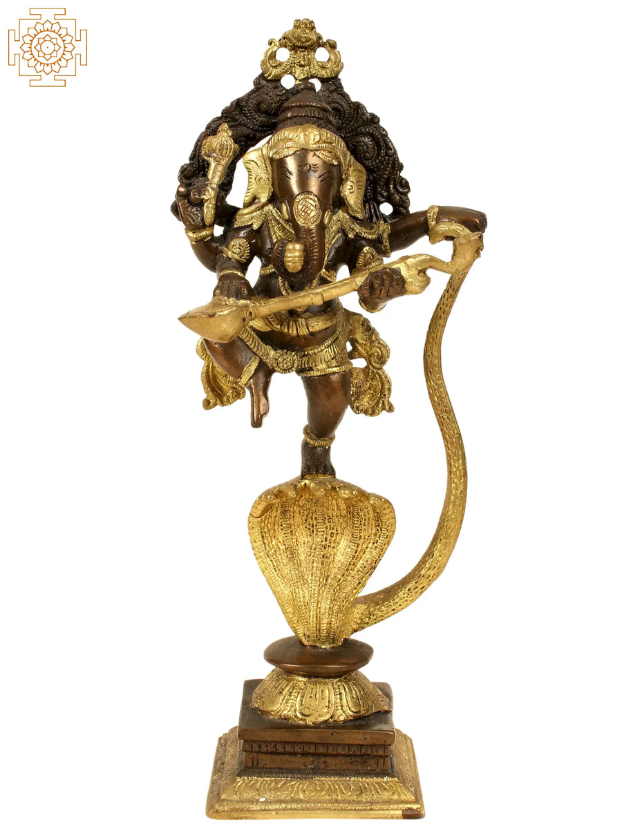10" Lord Ganesha Dancing on Serpent Brass Statue with Veena Handmade