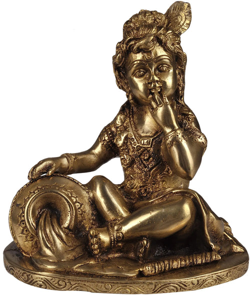 7" Brass Baby Krishna Statue - Handmade Butter Thief Idol