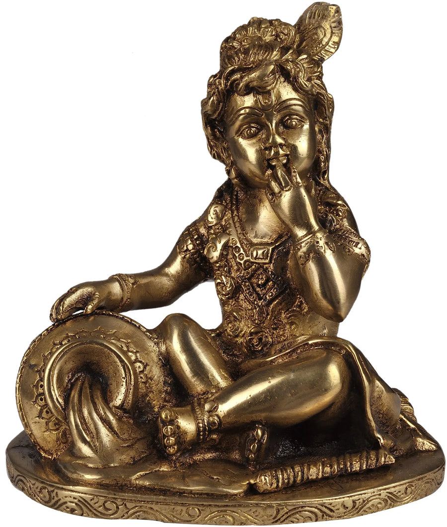 7" Brass Baby Krishna Statue - Handmade Butter Thief Idol