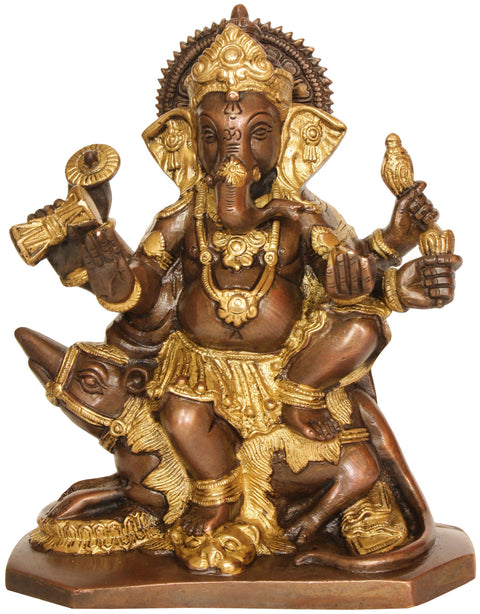 8" Lord Ganesha Seated on Rat (In Brown and Golden Hues) In Brass | Handmade | Made In India