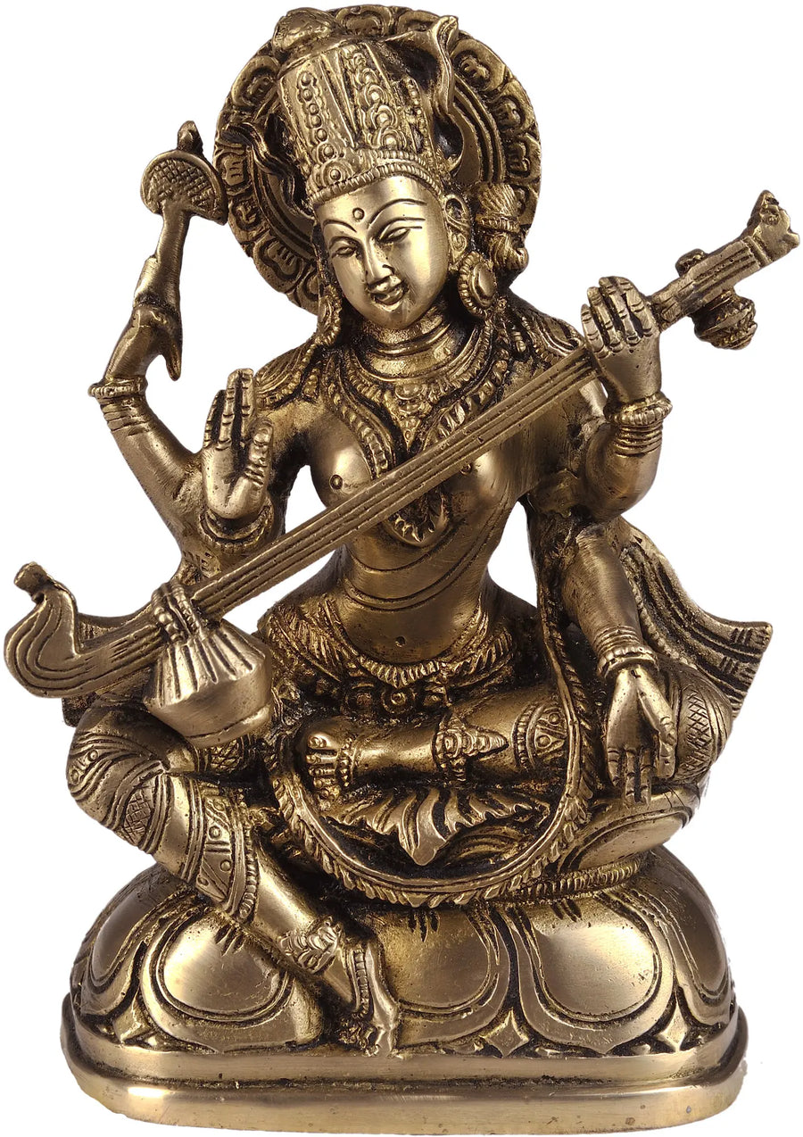 7" Brass Goddess Saraswati Handmade Statue for Pooja