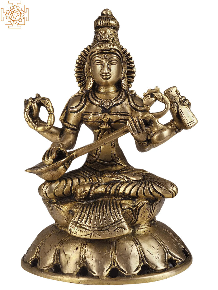 8" Devi Saraswati In Brass | Handmade | Made In India