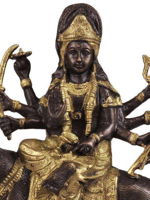 7" Goddess Durga Statue in Brown and Golden Hues in Brass