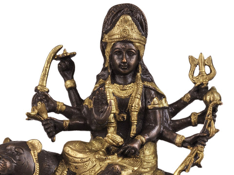 7" Goddess Durga Statue in Brown and Golden Hues in Brass