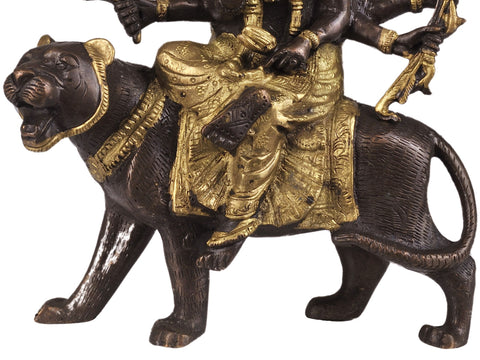 7" Goddess Durga Statue in Brown and Golden Hues in Brass
