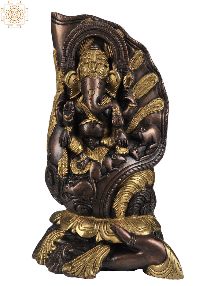 9" Handmade Ganesha Conch Brass Statue with Golden Hues