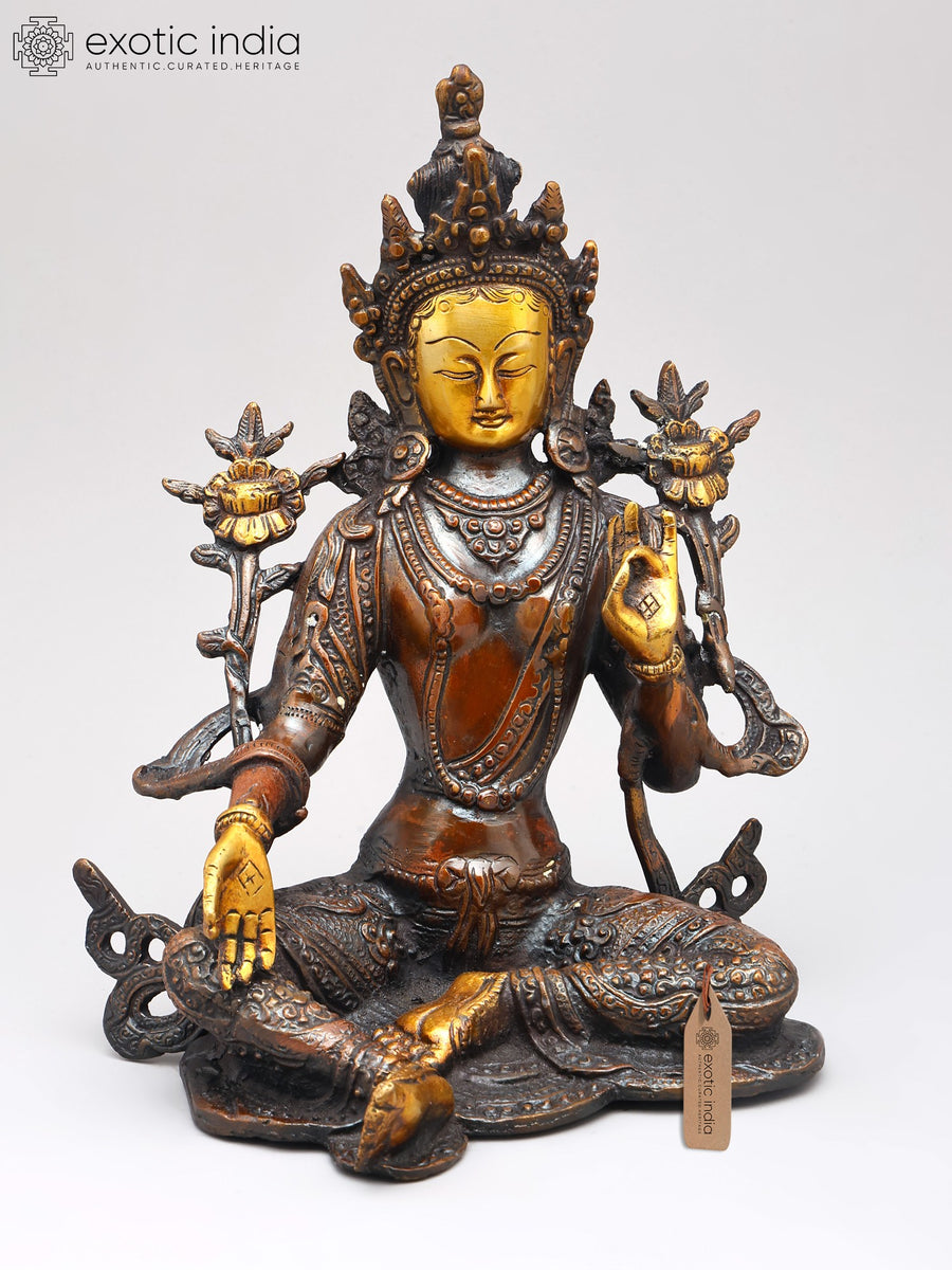 10" Green Tara Brass Statue Handmade Buddhist Goddess Idol