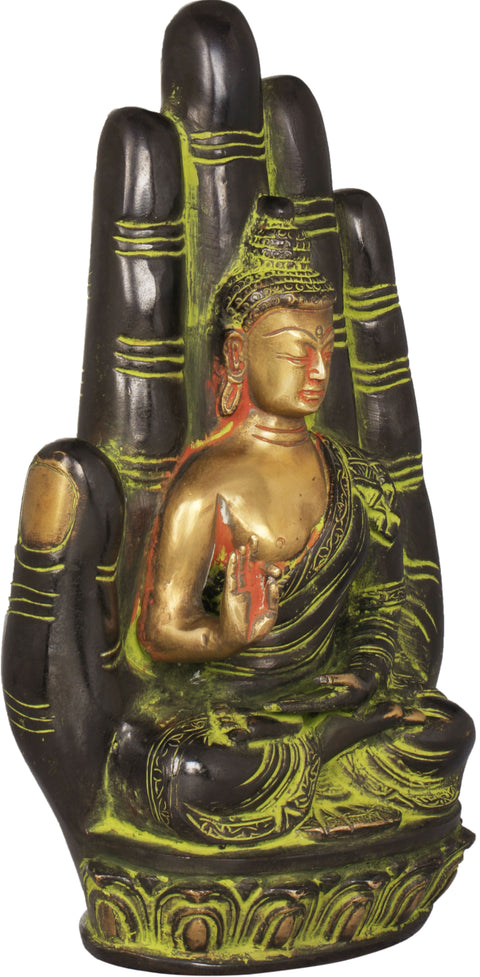 Lord Buddha Seated on Lotus against the Aureole of a Hand Interpreting His Dharma In Brass | Handmade | Made In India