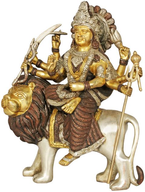 13" Mother Goddess Durga Seated on Lion In Brass | Handmade | Made In India