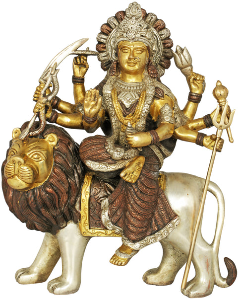 13" Mother Goddess Durga Seated on Lion In Brass | Handmade | Made In India