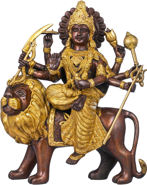 13" Mother Goddess Durga Seated on Lion In Brass | Handmade | Made In India