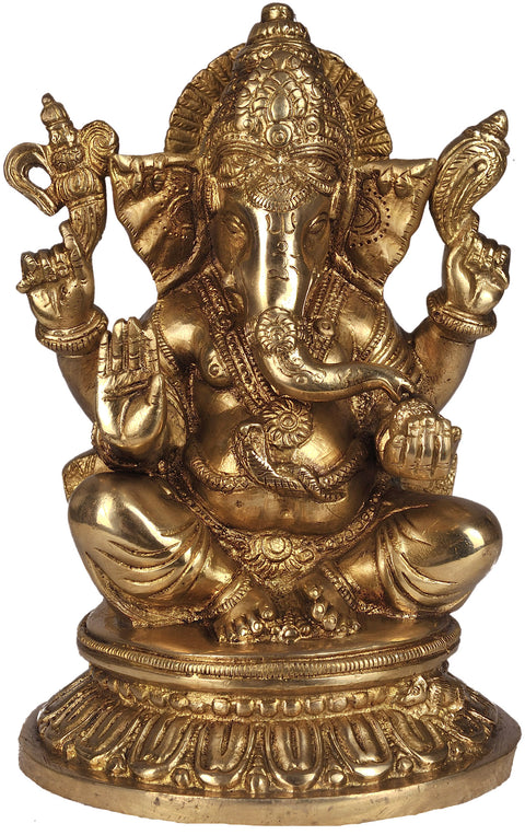 8" Lord Ganesha Enjoying Modak In Brass | Handmade | Made In India