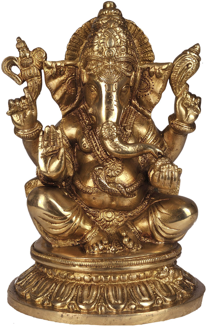 8" Lord Ganesha Enjoying Modak Brass Handmade Statue