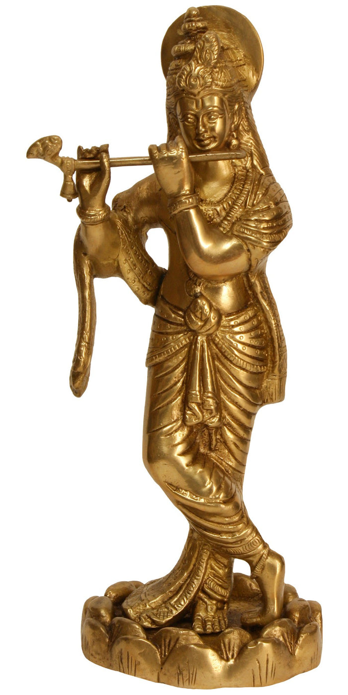10" Handmade Krishna Murali Brass Statue for Pooja