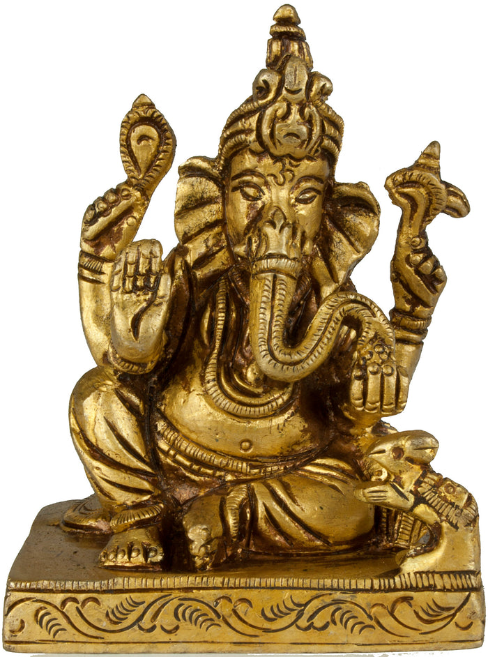 2" Four Armed Seated Ganesha Brass Idol Handmade
