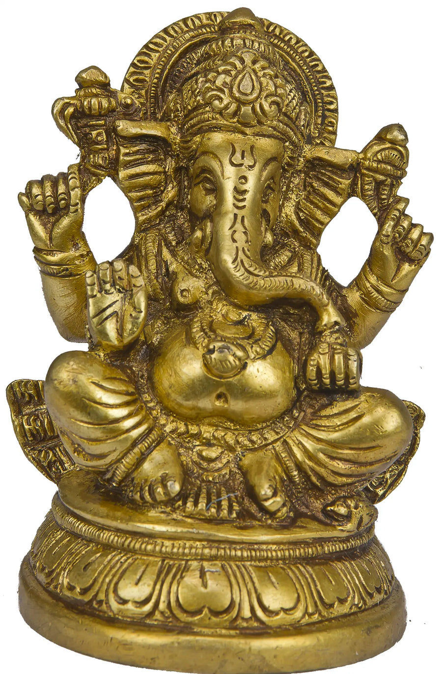 3" Four-Armed Ganesha Brass Statue Seated on Lotus