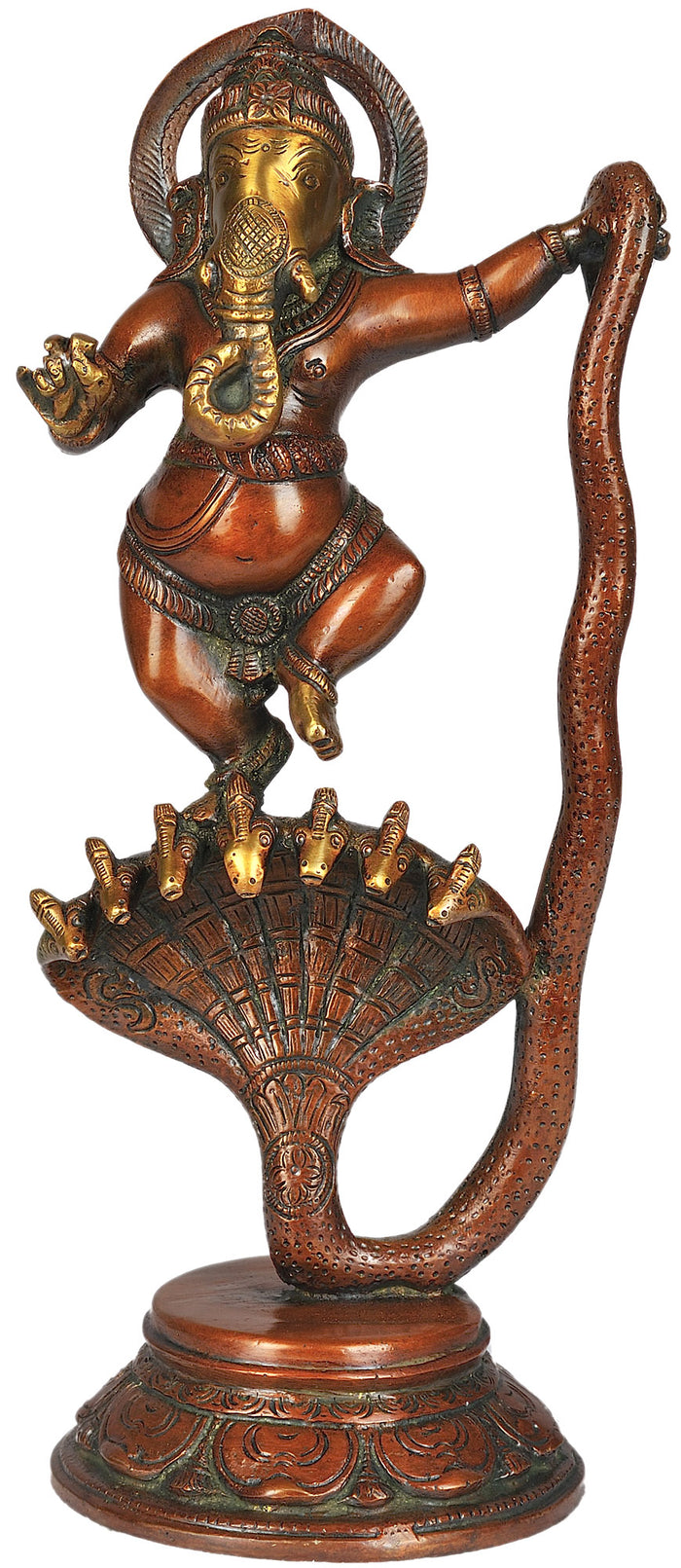 12" Dancing Ganesha on Seven-Hooded Serpent Brass Statue Handmade