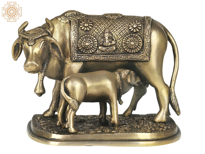 8" Brass Cow and Calf Statue with Ganesha Saddle Decoration Handmade