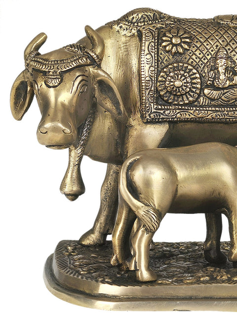 8" Cow and Calf - Most Sacred Animal of India (Saddle Decorated with the Figure of Ganesha) In Brass | Handmade | Made In India