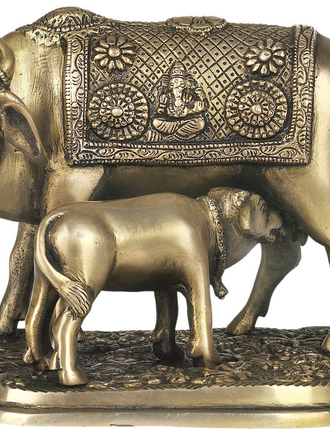 8" Cow and Calf - Most Sacred Animal of India (Saddle Decorated with the Figure of Ganesha) In Brass | Handmade | Made In India