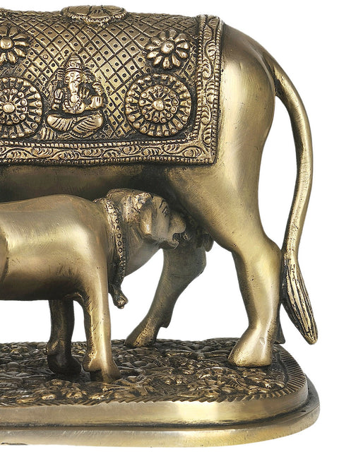 8" Cow and Calf - Most Sacred Animal of India (Saddle Decorated with the Figure of Ganesha) In Brass | Handmade | Made In India