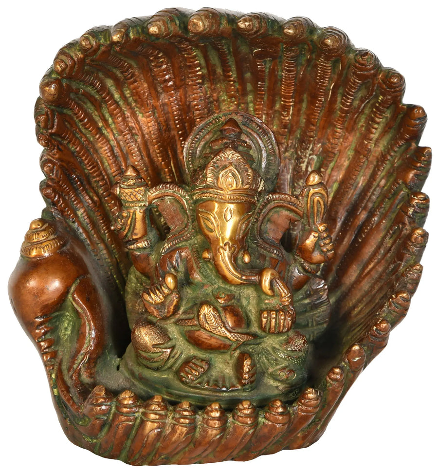 5" Lord Ganesha Brass Idol Seated in Oyster Shell Handmade