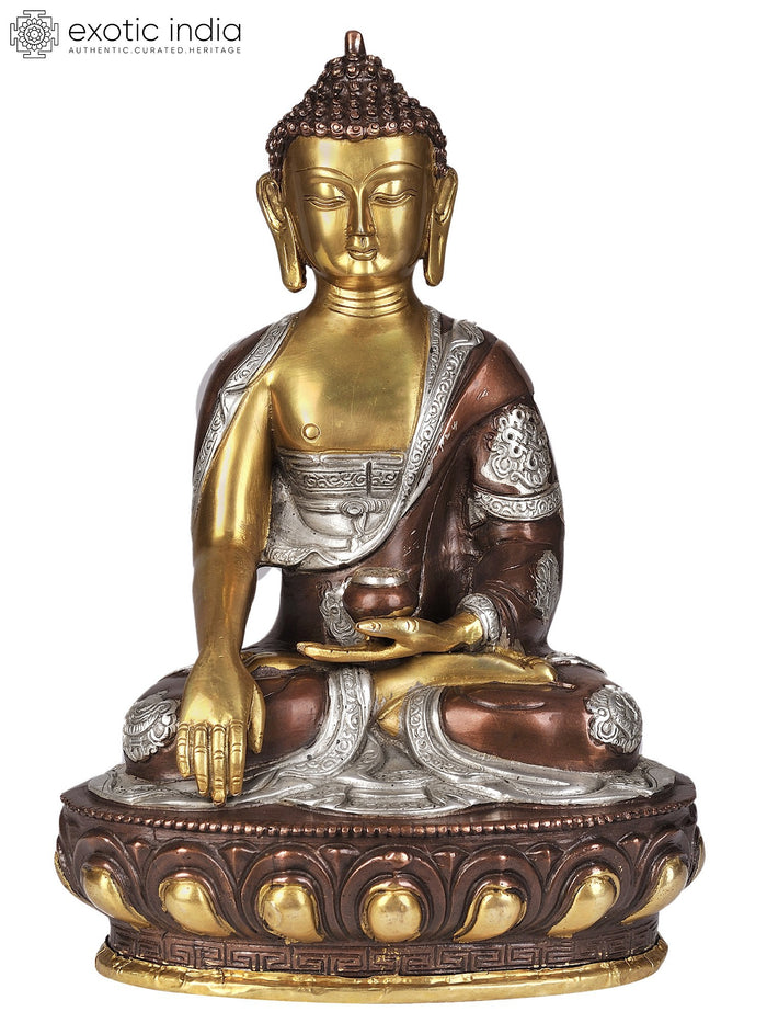 12" Handmade Brass Buddha Statue in Earth-Witness Gesture with Symbolic Robes