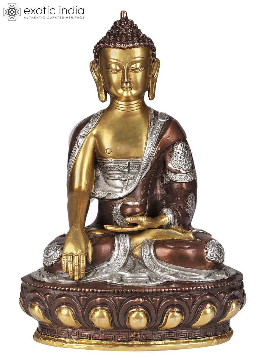 12" Handmade Brass Buddha Statue in Earth-Witness Gesture with Symbolic Robes