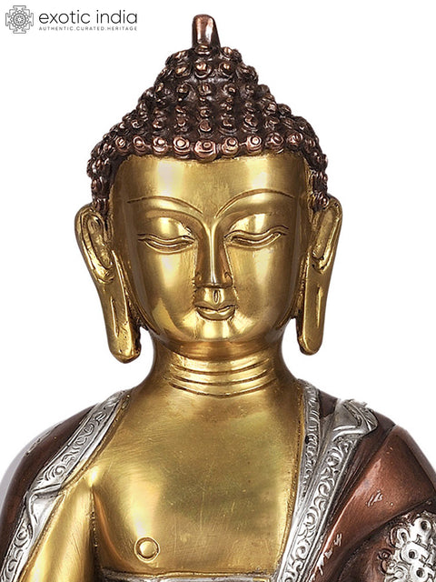 12" Triple Hued Buddha in Earth-Witness Gesture  (Robes Decorated with Auspicious Symbols) In Brass