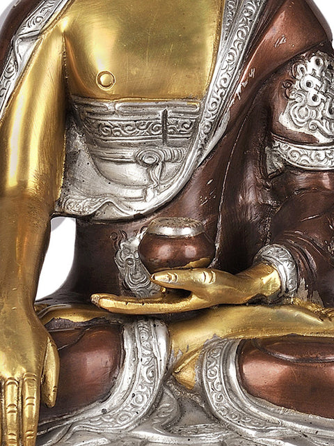 12" Triple Hued Buddha in Earth-Witness Gesture  (Robes Decorated with Auspicious Symbols) In Brass