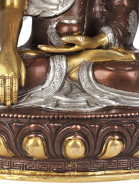 12" Triple Hued Buddha in Earth-Witness Gesture  (Robes Decorated with Auspicious Symbols) In Brass