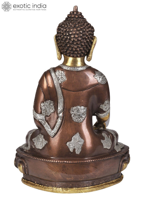 12" Triple Hued Buddha in Earth-Witness Gesture  (Robes Decorated with Auspicious Symbols) In Brass